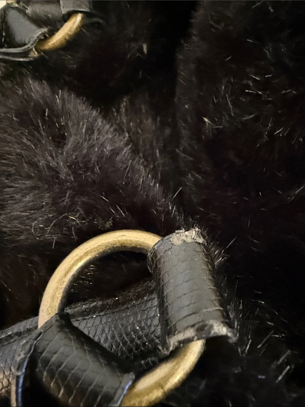 Black Faux Fur Top-Handle Satchel with Embellished Buckle